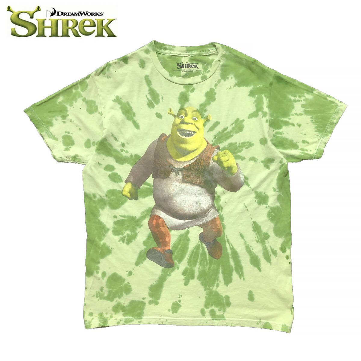 USA 古着 ドリームワークス 映画 シュレック キャラクター Tシャツ タイダイ染め メンズS グリーン SHREK BA2606_画像1