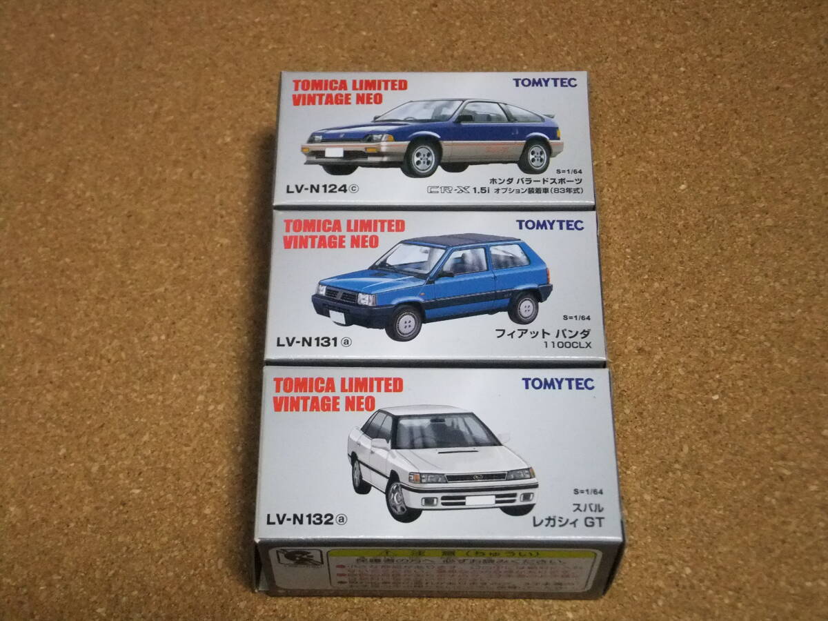 TOMICA LIMITED VINTAGE NEO LV-N124c ホンダバラードスポーツCR-X1.5i・LV-N131a フィアットパンダ1100CLX・LV-N132a スバル レガシィGTの画像1