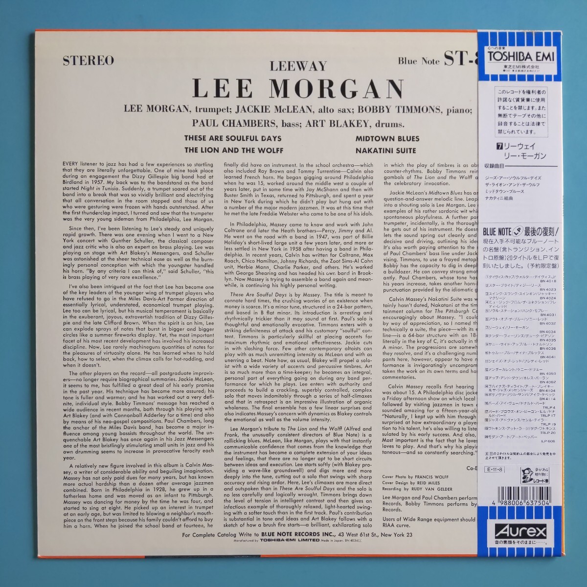 【帯付美品/試聴済LP】LEE MORGAN『LEEWAY』リー・モーガン★1989年BLUE NOTE 東芝BN4034★Jackie Mclean Bobby Timmons Paul Chambers_画像2