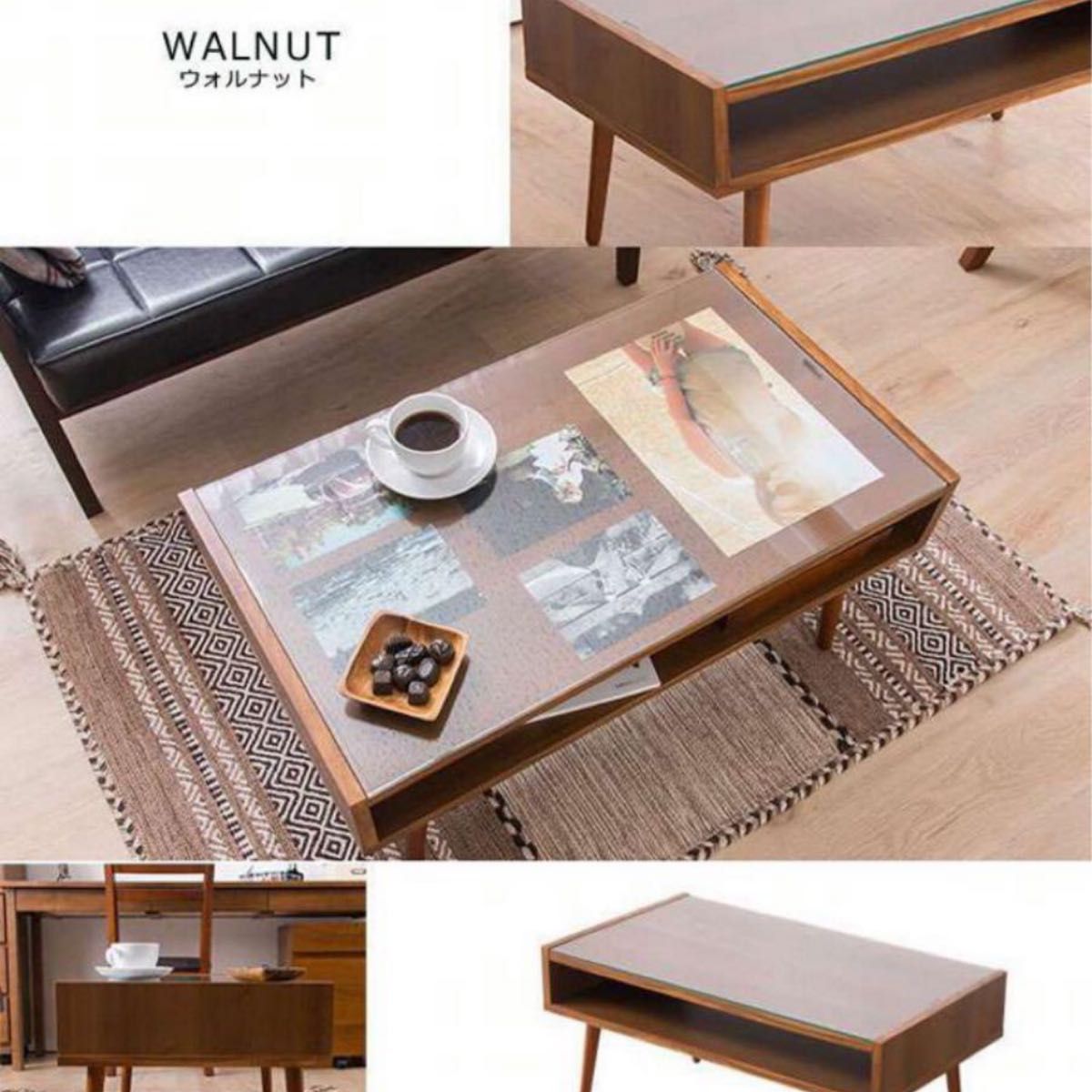 【美品】 センターテーブル ローテーブル　ガラス天板　 コーヒーテーブル 木製 ウォールナット リビングテーブル