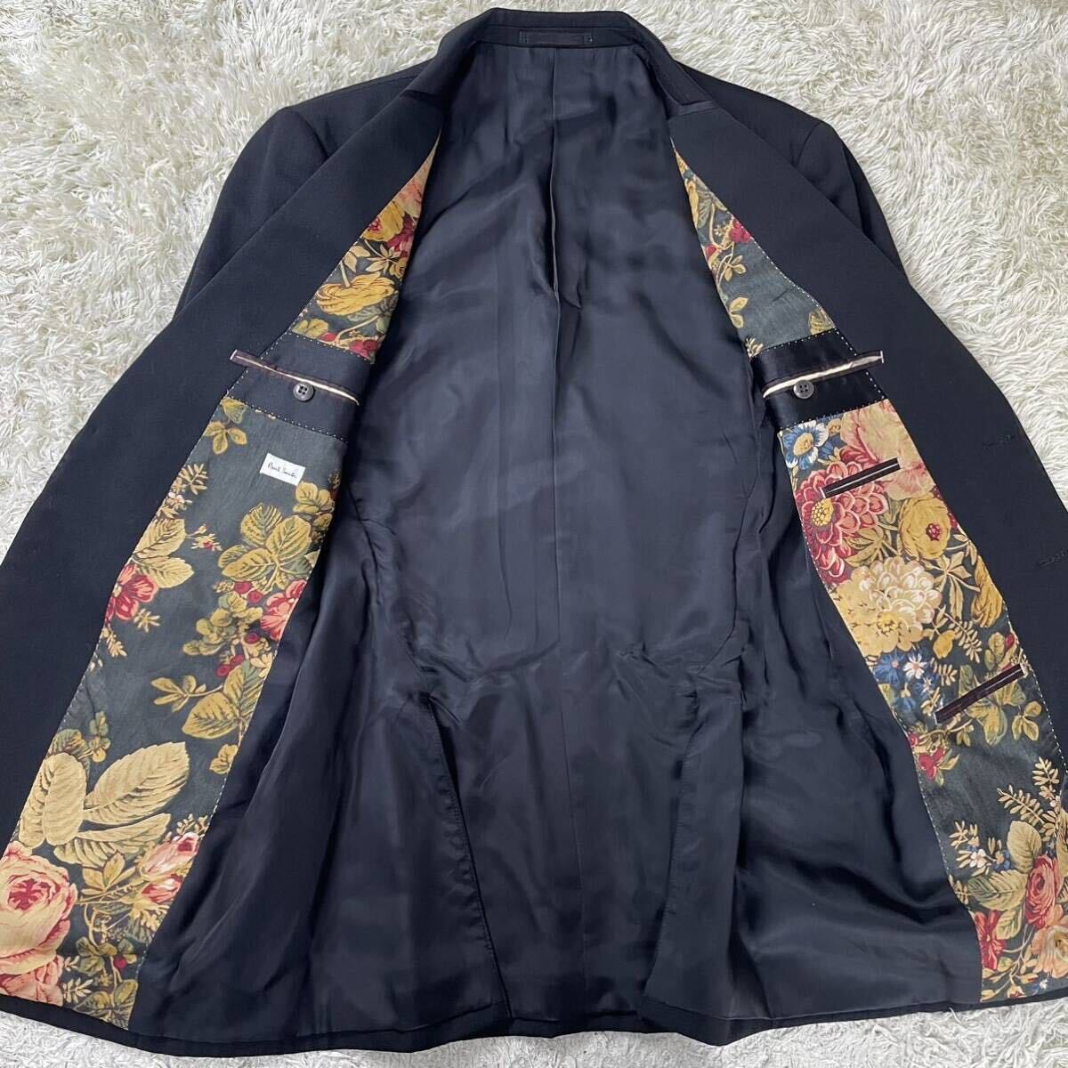 1円〜 【極美品！圧巻の花柄】 ポールスミス Paul Smith メンズ テーラードジャケット 花柄 総柄 パイピング XLサイズ ブラック ウール _画像8