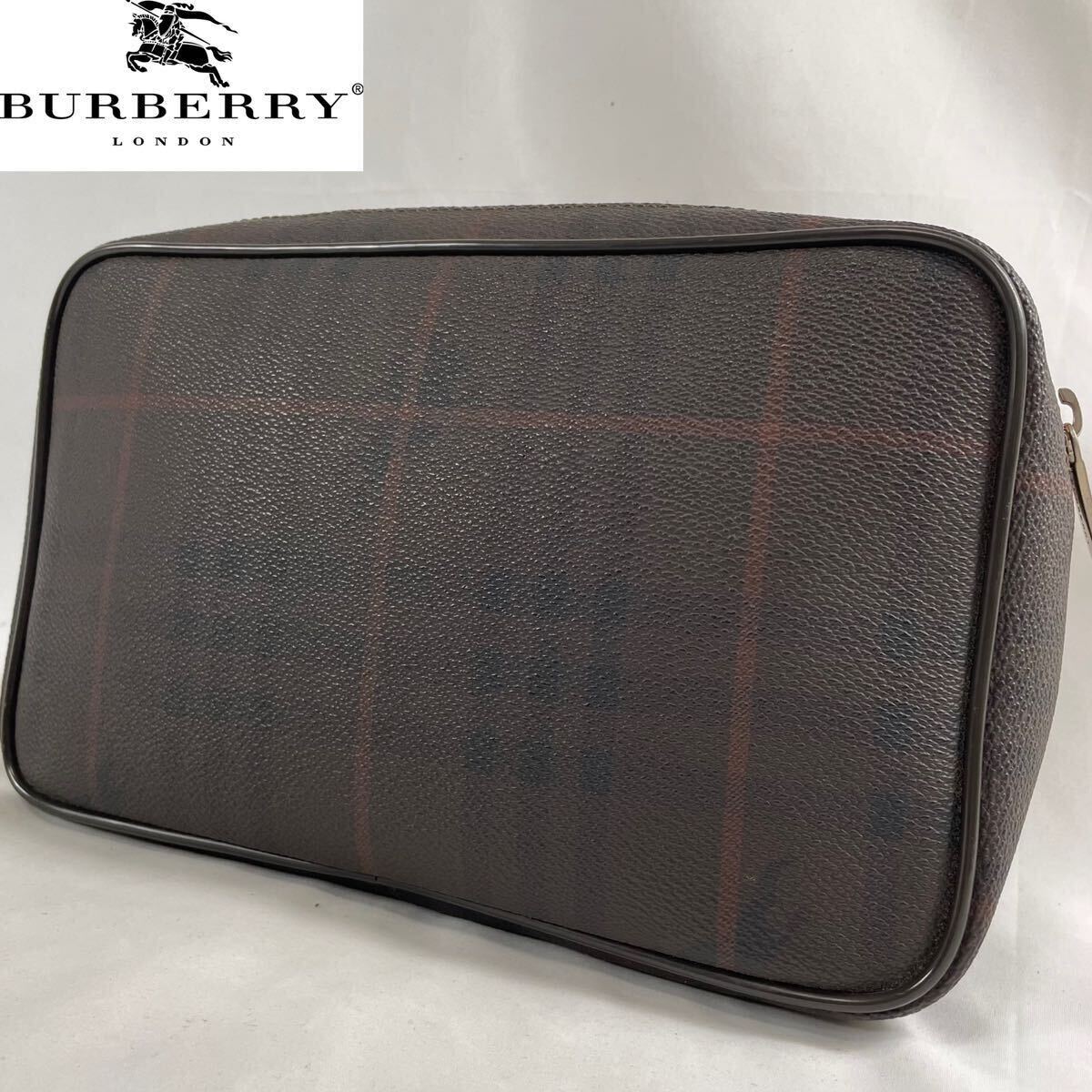 1円〜 【未使用級！】 バーバリー BURBERRYメンズ ビジネス クラッチバッグ セカンドバッグ シャドーチェック ホースロゴ PVC レザー 革_画像1