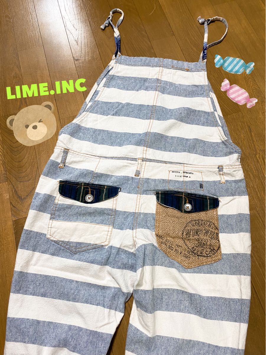 PAOPAO  LIME.INC  綿麻　太ボーダー　サロペット　M