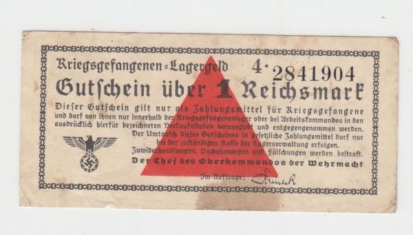 【ナチス鉤十字】第二次大戦ドイツ捕虜収容所紙幣 1ライヒスマルク（1939-44）[A030]_画像1