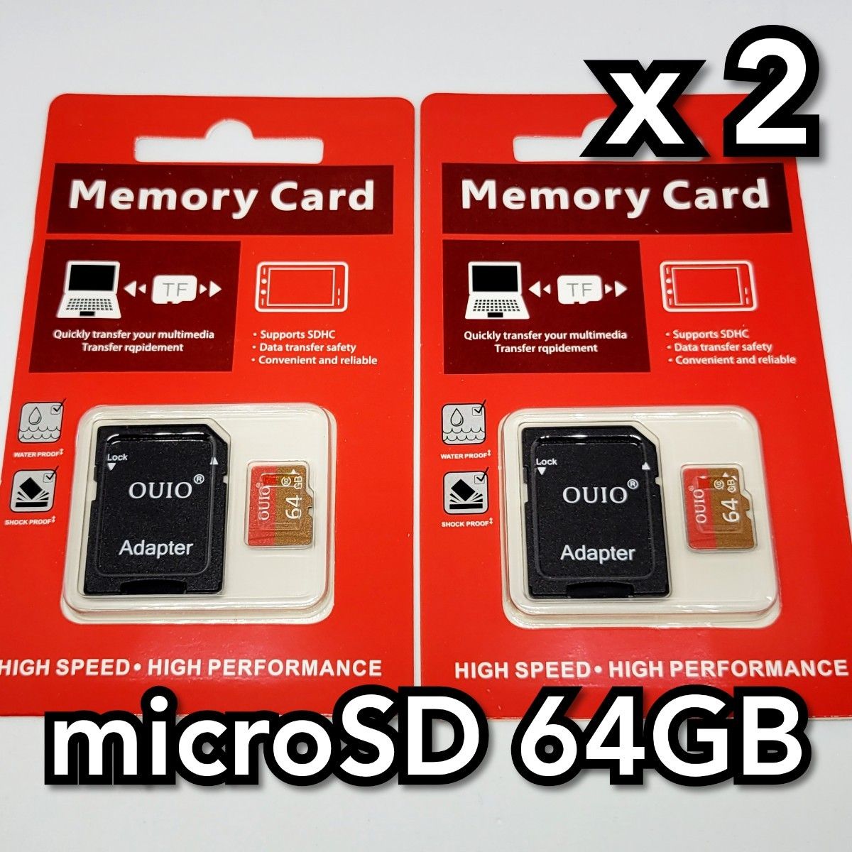 マイクロSDカード 64GB 2枚 class10 OUIO  RED-GOLD 高速 2個