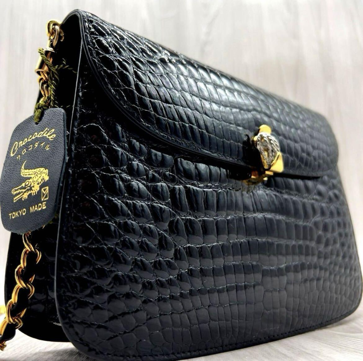 1 jpy # ultimate beautiful goods /JRA tag # crocodile shining wani leather shoulder bag leather chain lady's tag attaching black 