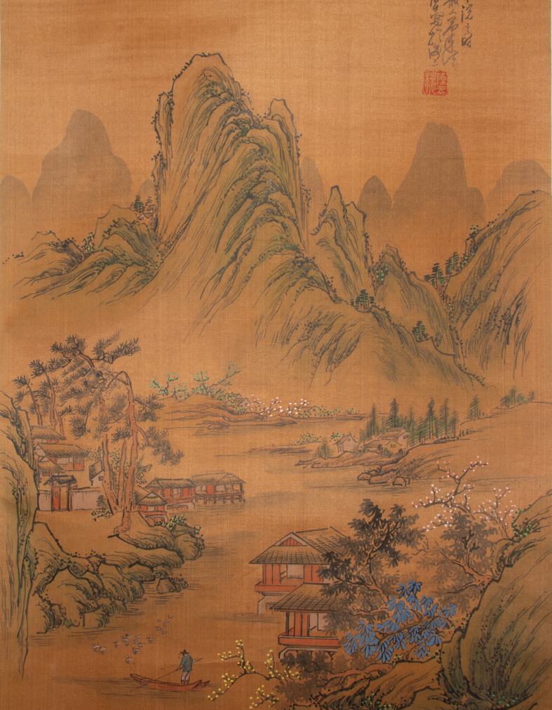 【模写】肉筆 山水中堂 掛軸 中国美術 唐画 山水 絹本の画像5