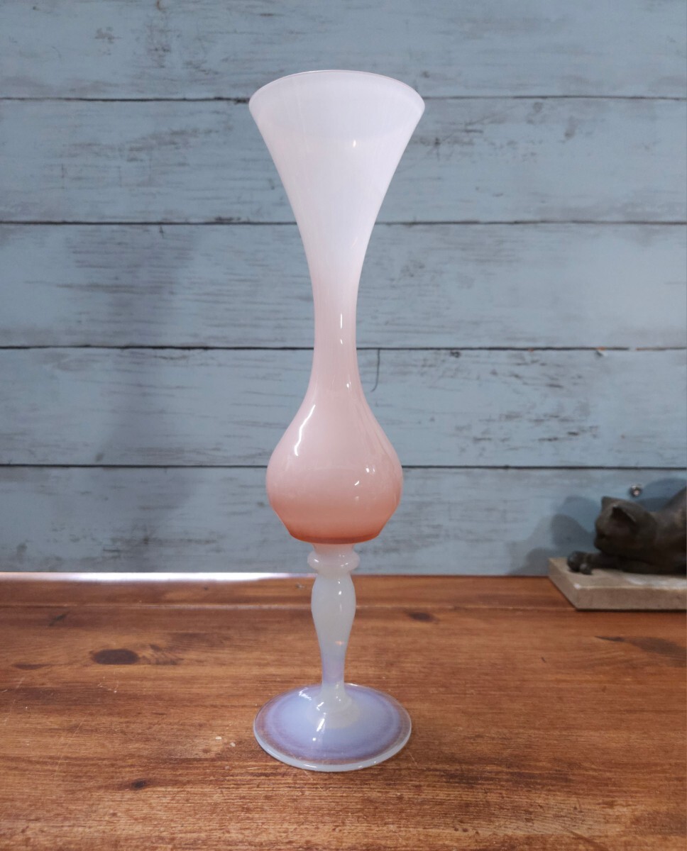 フランスアンティーク オパールセントガラス 花瓶 一輪挿し グラス 花器 フラワーベース オパリンガラス フレンチ カフェ インテリア D1の画像2