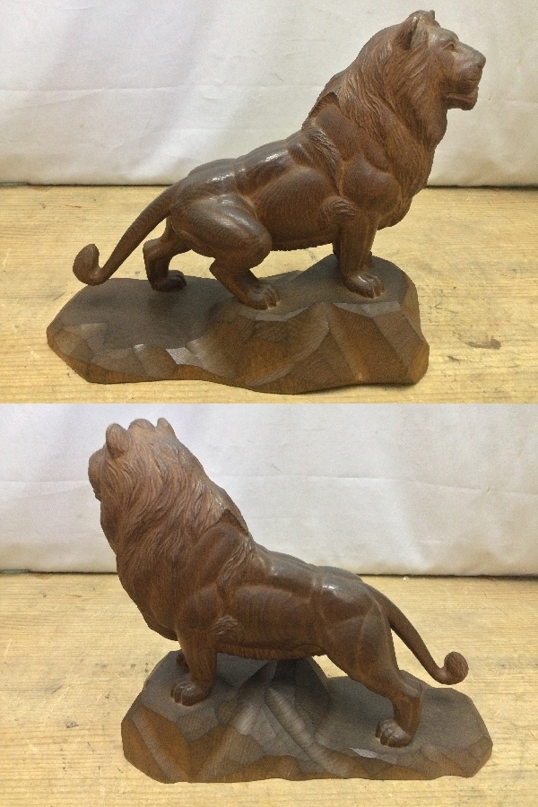 蔵出し　木彫りライオン　置物　アンティーク　彫刻獅子　（高さ×幅×奥行）31×37.5×16ｃｍ　重量2.1ｋｇ　（3196）レトロ　彫刻　希少_画像3