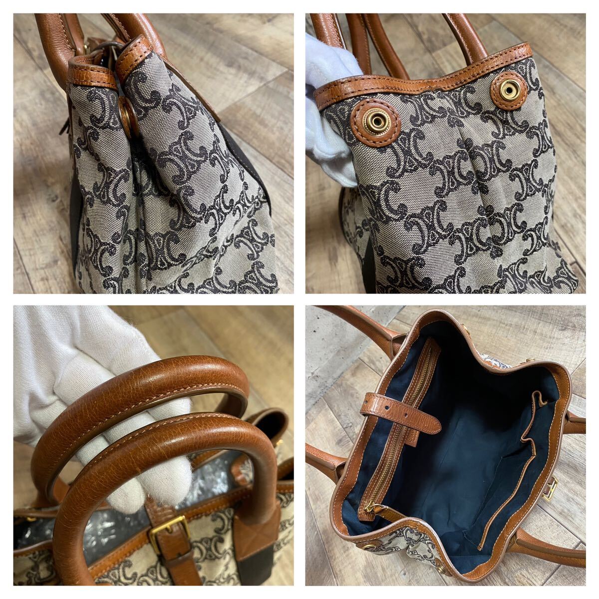  подлинный товар *CELINE Celine Trio mf рисунок парусина Mini большая сумка серый Brown ручная сумочка кожа мака tam Old женский 