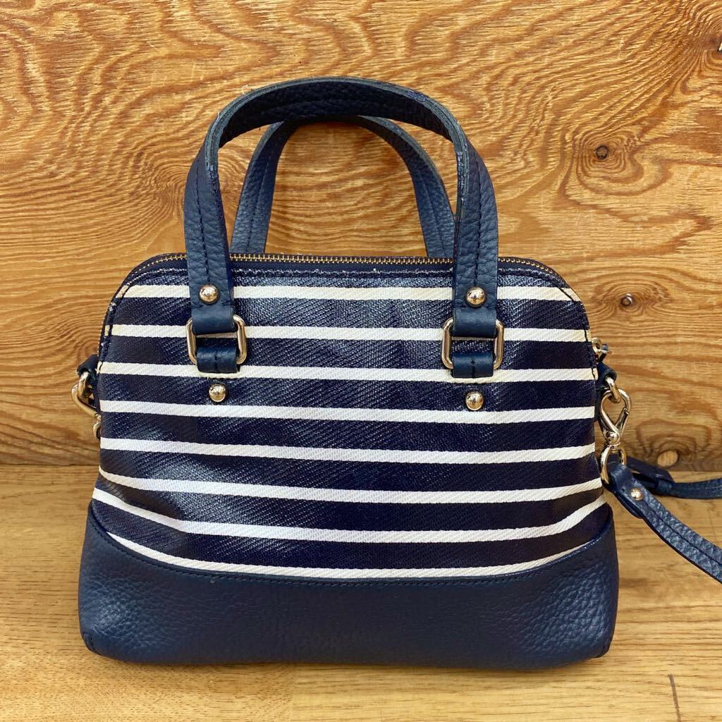 kate spade NEWYORK ＊ ケイトスペード 2way ショルダーバッグ レザー バッグ ネイビー×ホワイト ボーダー コーティングレザー _画像4