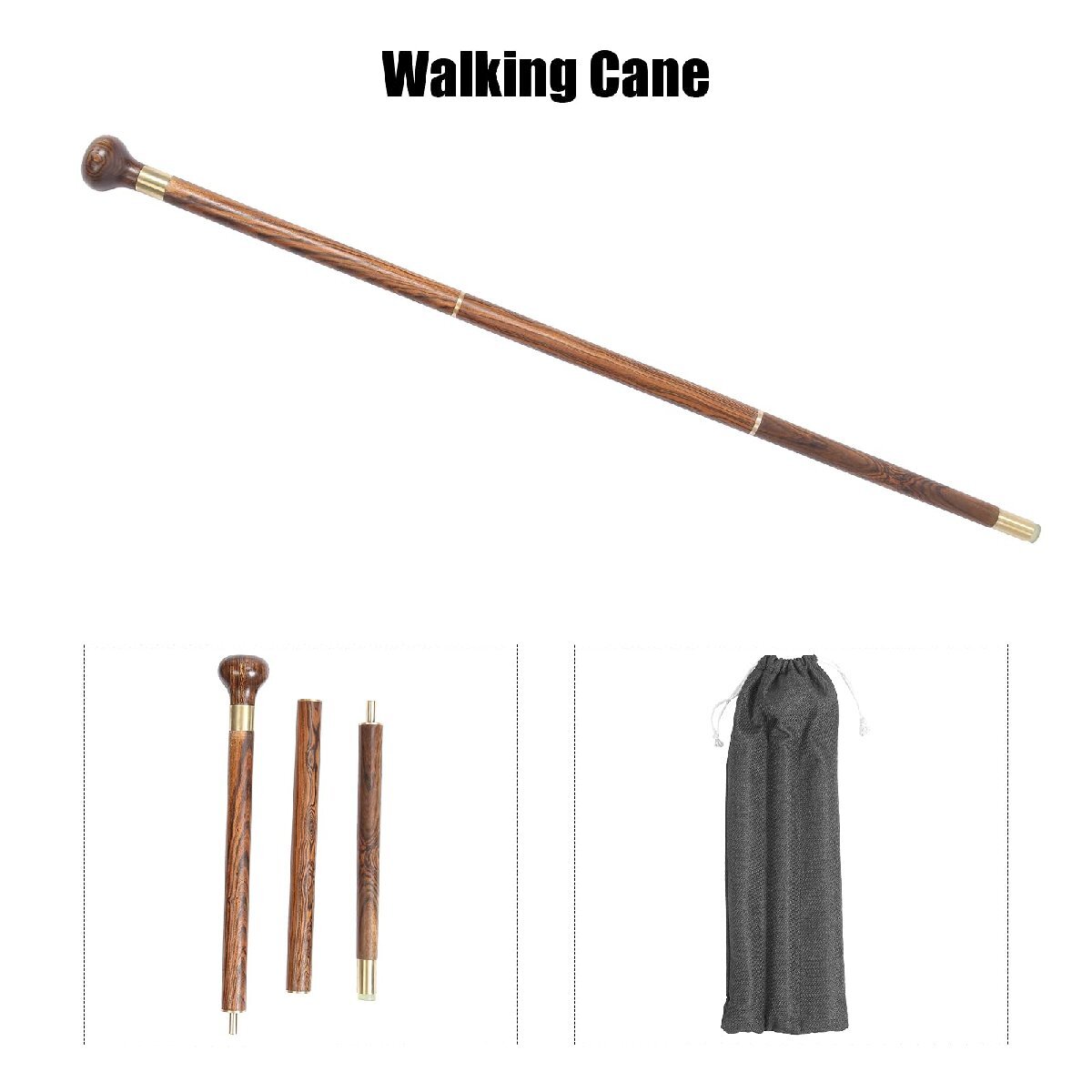 木の杖、3つのセクションの天然木の杖、男性または女性のための手作りの木製のオフセット杖、黒檀の木で作られたハイキング/杖_画像3