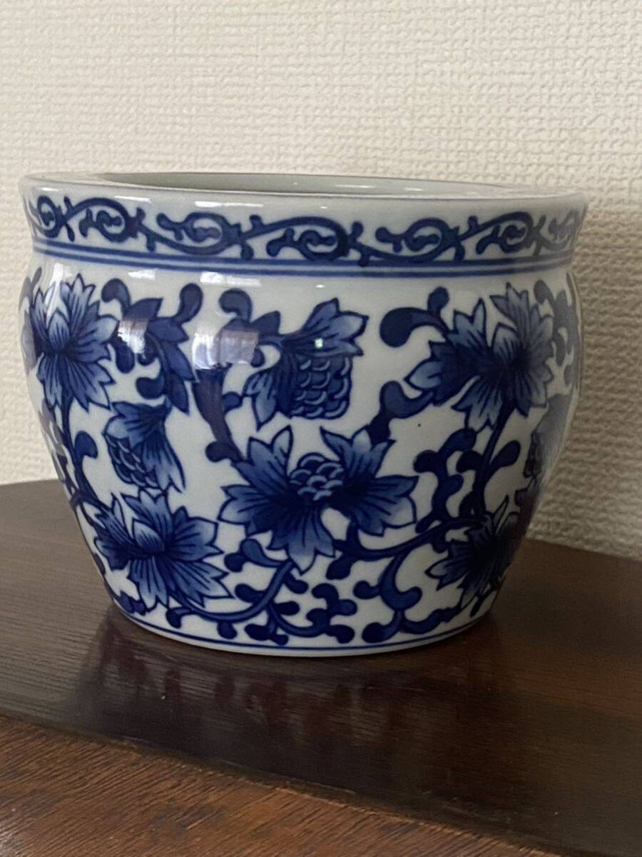 中国美術青花纏枝蓮花繪小缸陶磁器_画像3