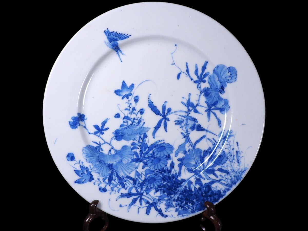  Meiji period Seto craftsman river book@ profit . flowers and birds map beautiful .. another . muffle painting decoration plate ... using minute digit highest grade cobalt blue. charm Zaimei * person himself work genuine article guarantee 