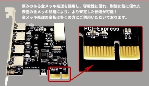 PCI-E接続 USB3.0拡張カード 4ポート 増設ボード 自作PC PC内蔵型 ロープロファイル 最大5Gbps Windows対応 パソコンの画像2