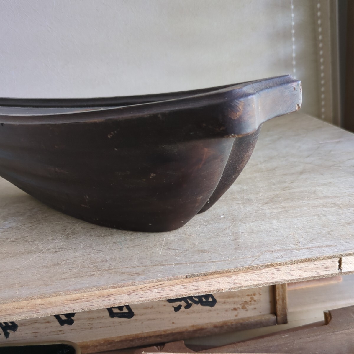 花入れ　木製　花器　茶道具　華道具　内側銅器　舟形_画像7
