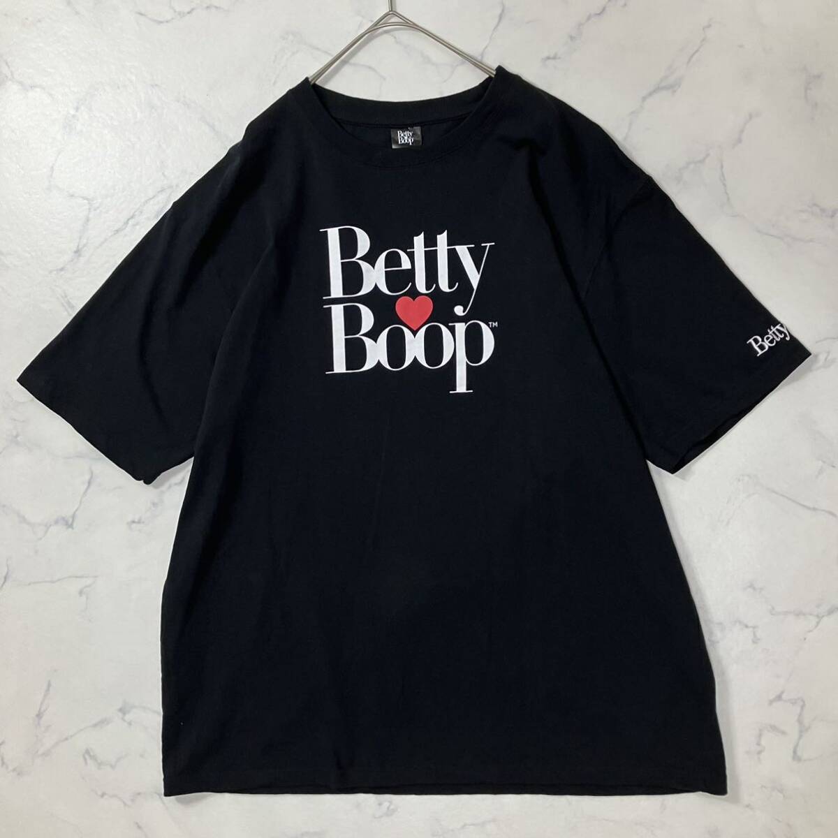  beautiful goods Betty Boopbe tea b-p large size beti Chan Logo embroidery print crew neck rib short sleeves T-shirt black 3L