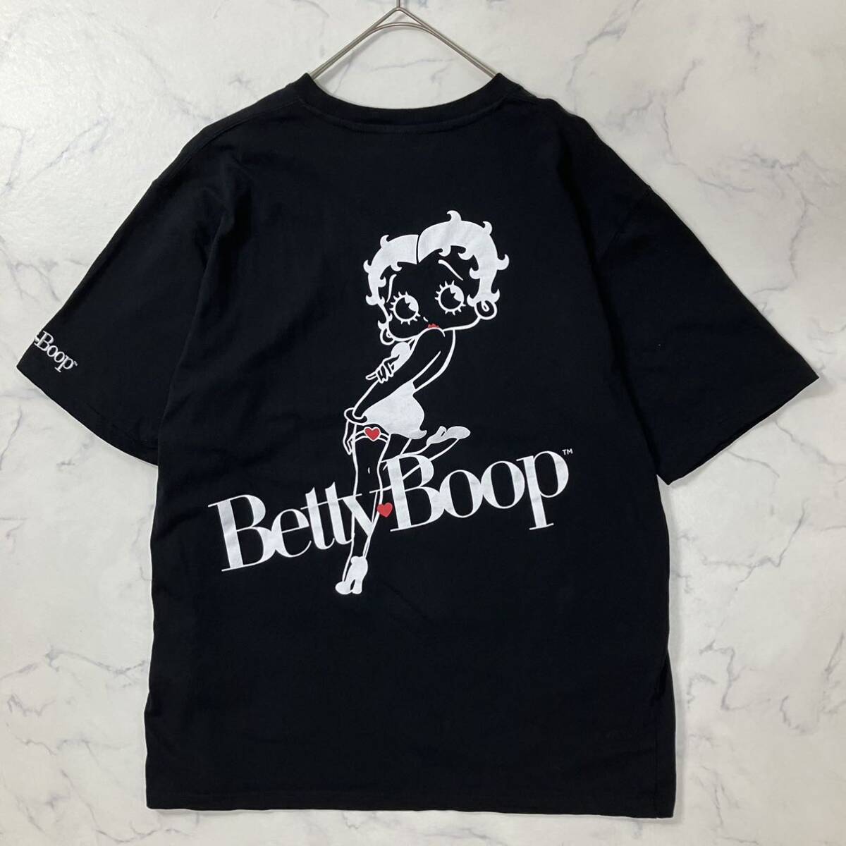  beautiful goods Betty Boopbe tea b-p large size beti Chan Logo embroidery print crew neck rib short sleeves T-shirt black 3L