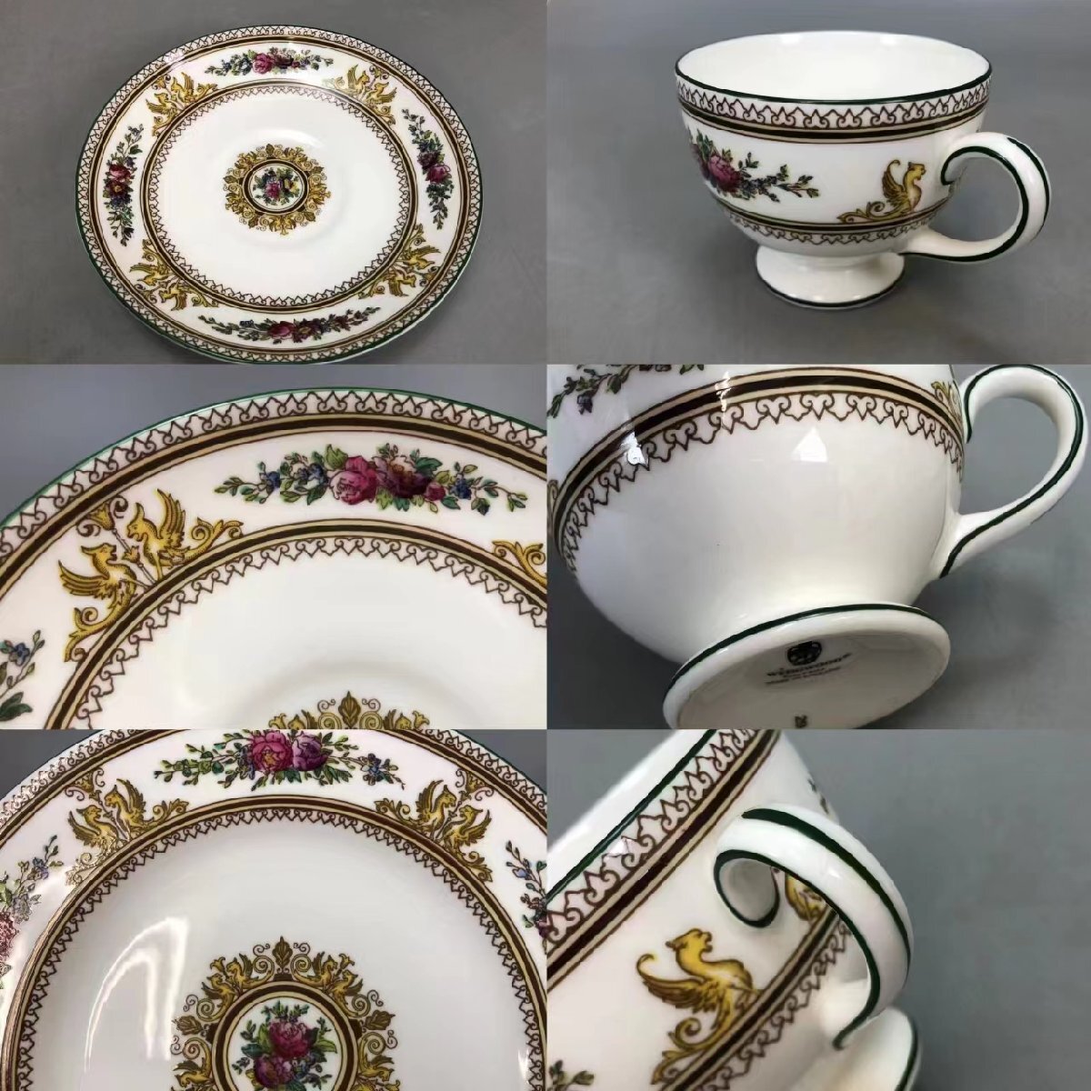 J0577 WEDGWOOD ウェッジウッド カップ&ソーサー 4客 ケーキ皿 色絵草花文 茶道具 珈琲道具 コーヒーの道具 西洋美術 時代物_画像3