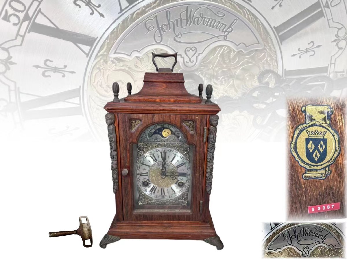 J0195Z5 ムーンフェイズ 置時計 John Thomas London オランダ製 WUBA 木製置時計 文字盤 手巻き 時代物 動作未確認の画像1