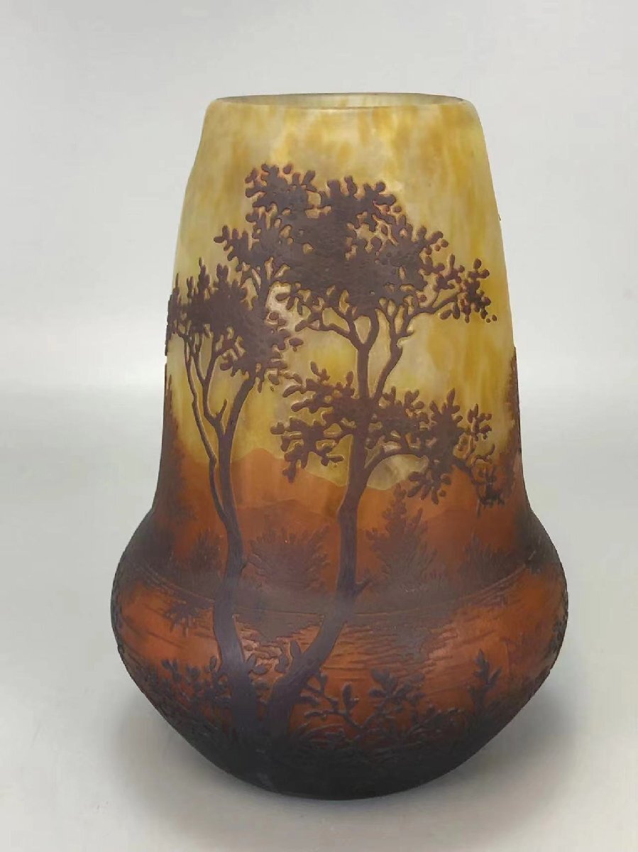 M024AZZ Daum Nancyドームナンシー花瓶 湖辺風景図 酸化腐蝕彫り 多層被せガラス 華道具 花生 花入 花瓶 飾り瓶 時代物 西洋美術