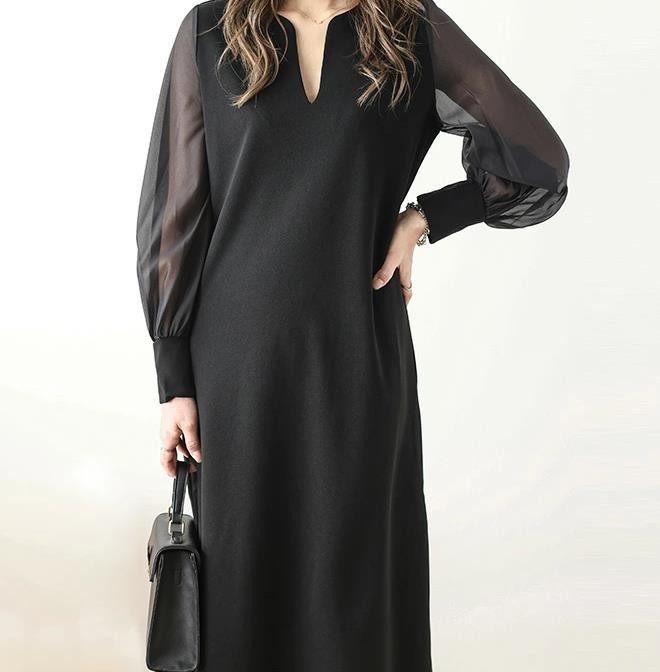 XL XL size black chiffon sleeve One-piece .. feeling sia- slit neck long sleeve lady's recommendation stylish black length of a sleeve 