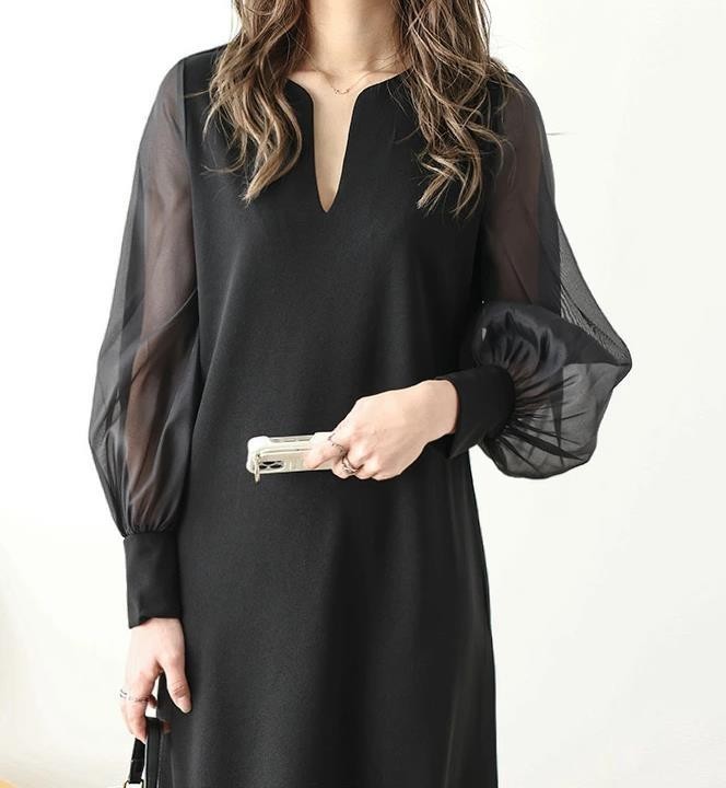 XL XL size black chiffon sleeve One-piece .. feeling sia- slit neck long sleeve lady's recommendation stylish black length of a sleeve 