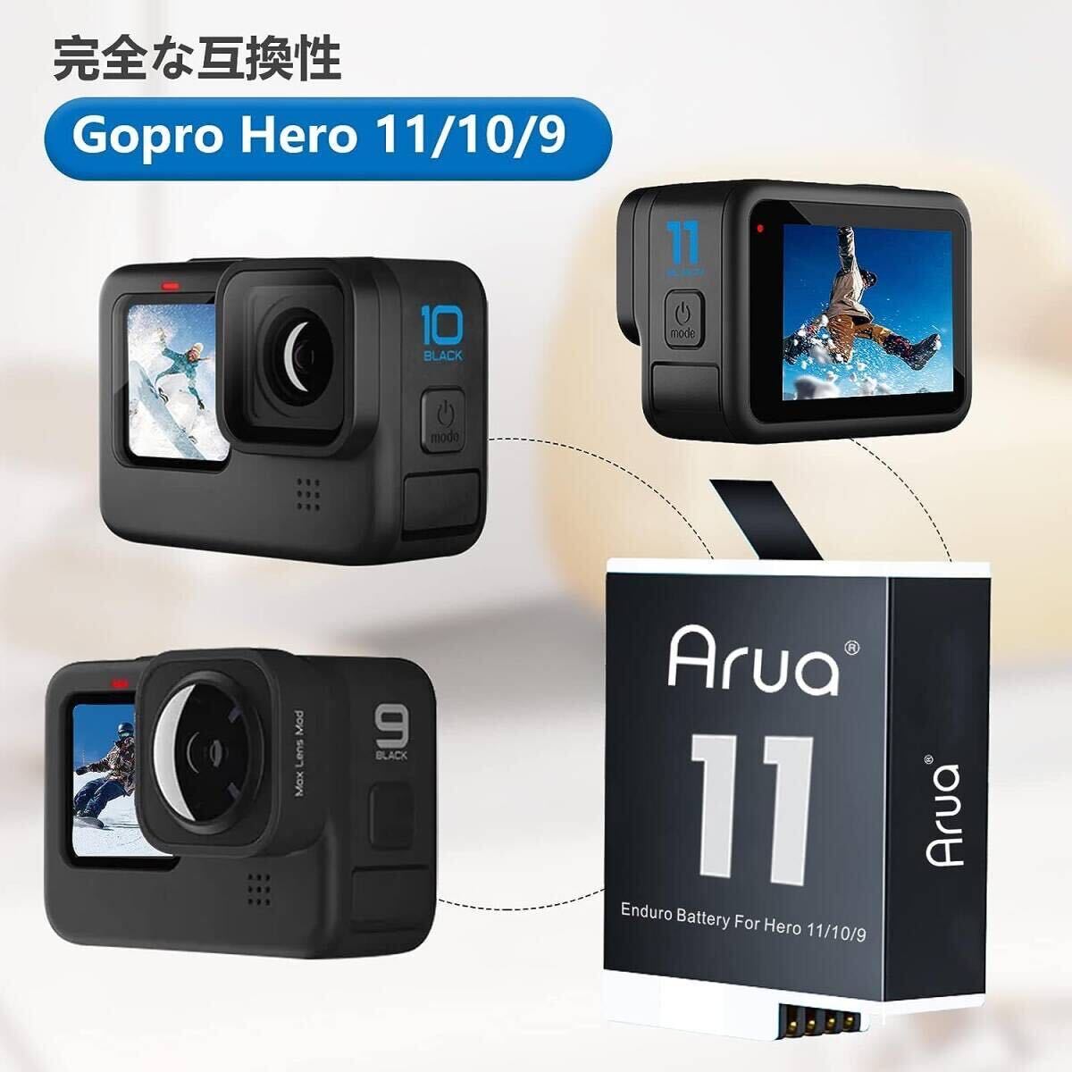 低温環境下対応 Gopro Hero12/11/10/9 バッテリー Enduro 3個入り 充電量表示 充電器ケーブル一体型の画像3