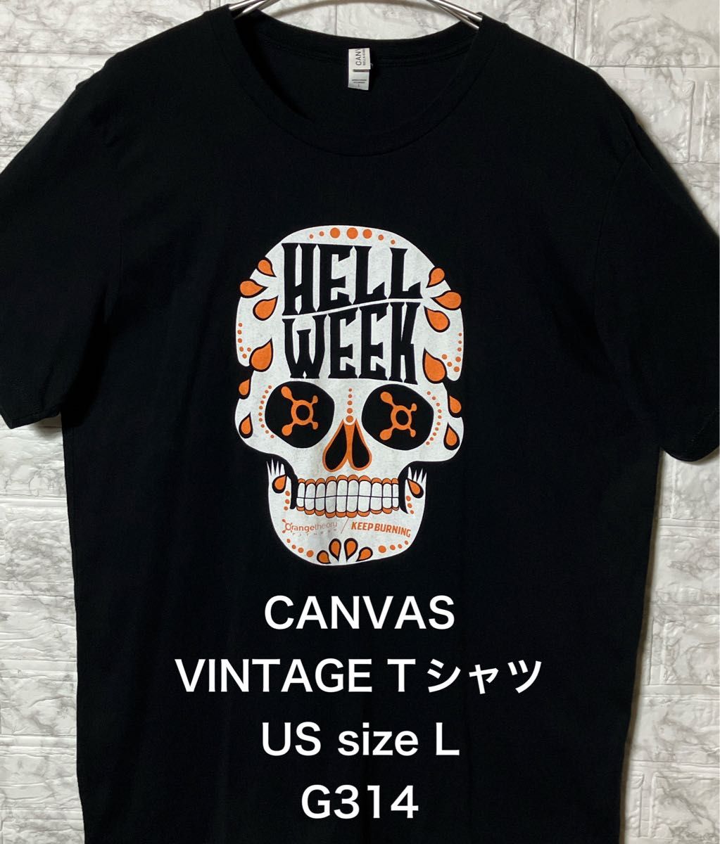 CANVAS ドクロプリント US古着 Lsize ブラックTシャツ HELLWEEK 髑髏 ビッグプリント VINTAGE