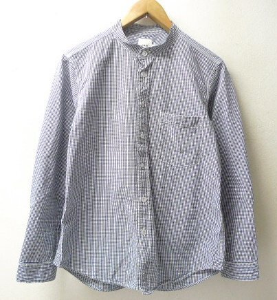 ◆TRIP RINEN トリップ タグ付き 日本製 リネン バンドカラー ポケット付き ギンガムチェック シャツ ネイビー サイズ1_画像1