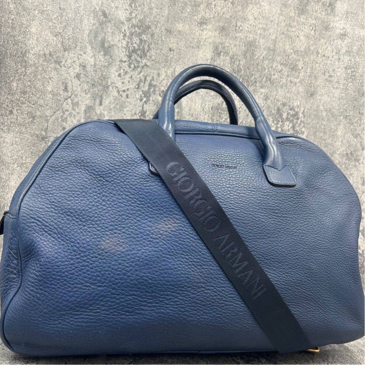 * super rare deer leather *joru geo Armani GIORGIO ARMANI Dias gold men's 2way Boston bag tote bag business bag navy navy blue leather 