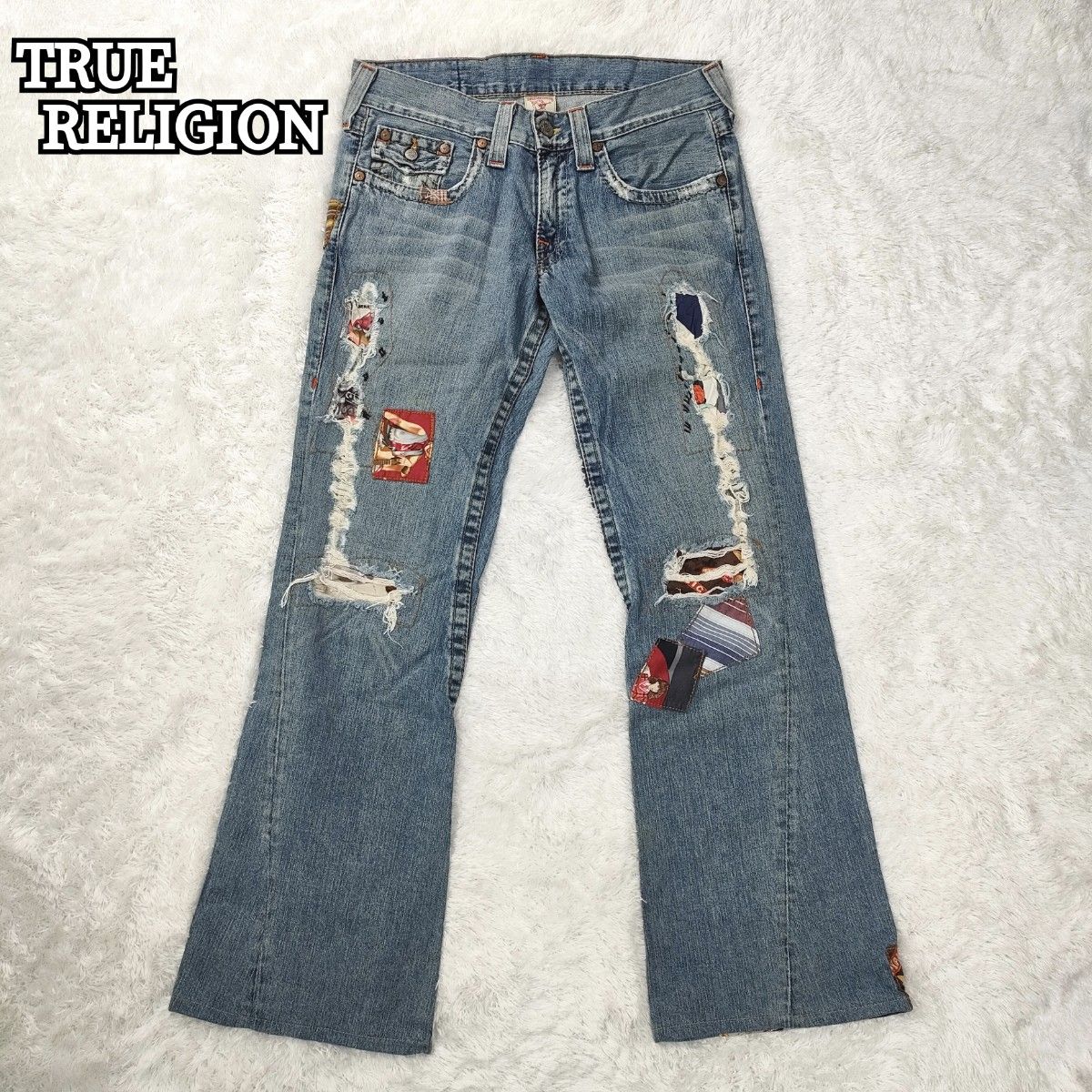 TRUE RELIGION トゥルーレリジョン パッチワーク ダメージ加工 和柄 ブーツカット デニムパンツ ジーンズ 31