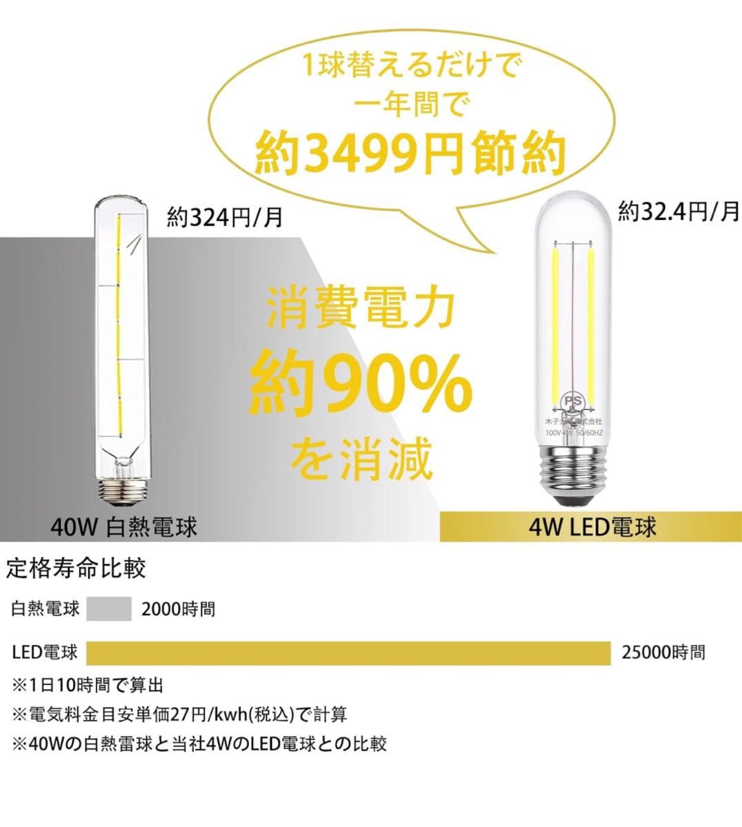 最終値下げ  フィラメント電球 T形電球 E26口金 4W 40W相当昼白色 PSE認証済み