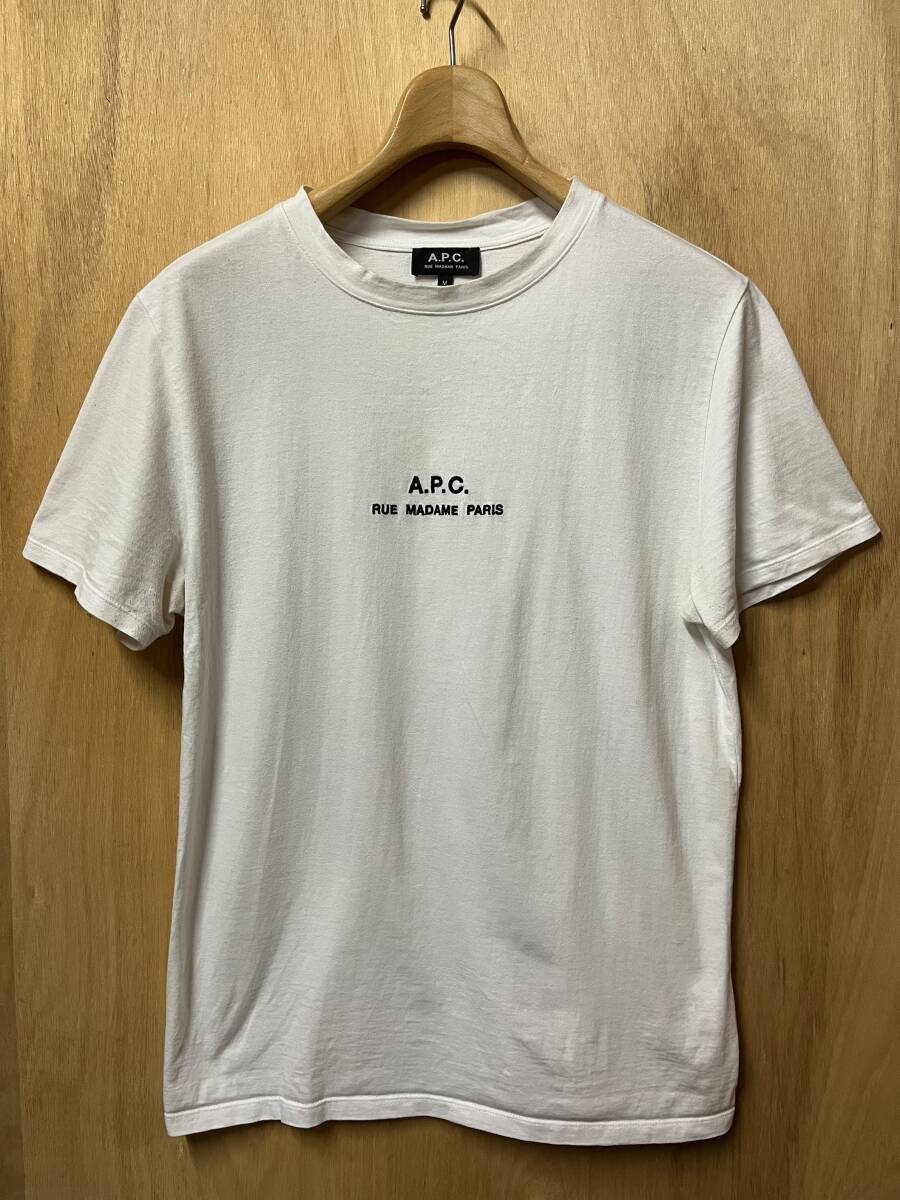 人気 A.P.C. アーペーセー Tシャツ 半袖 ロゴ刺繍 クルーネック 白 サイズM_画像1