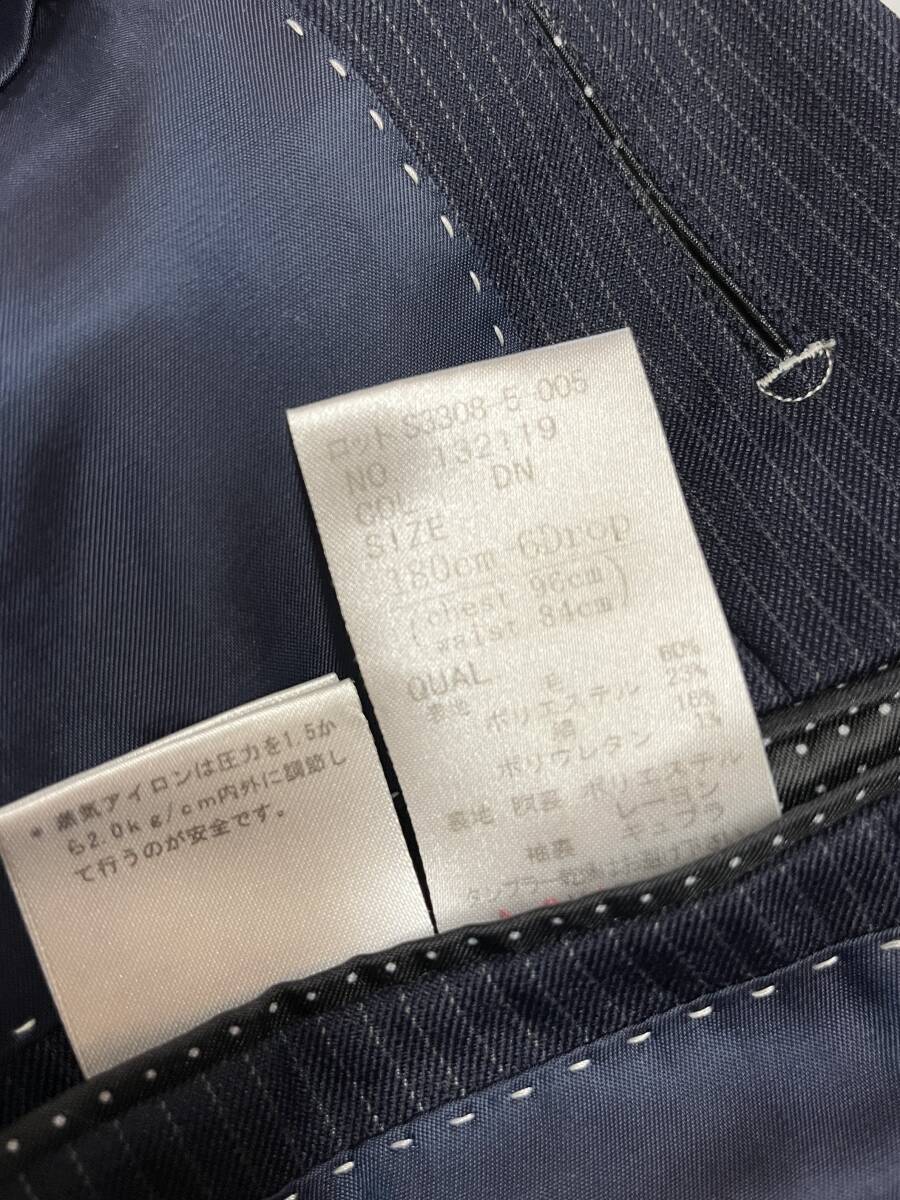 綺麗 THE SUIT COMPANY スーツカンパニー シルク混 4シーズンウォッシャブル生地 ストライプ シングルスーツ 紺 サイズ1806D XL相当の画像9