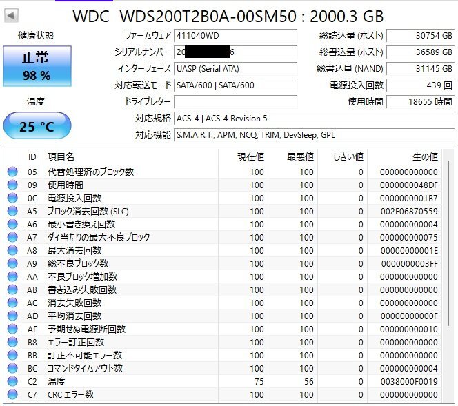 【中古】WD Blue SSD 2TB WDS200T2B0A Western Digital 2.0TB 2.5インチ SATA3の画像2