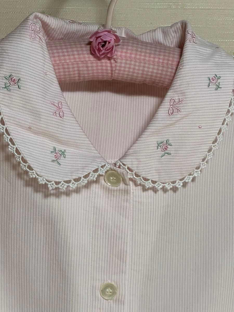 綿100%  ピンク　ストライプ　小花　ピコレース　可愛い　大人女子　ルームウェア　ガウン　前開き　ロング　パジャマ　ネグリジェ