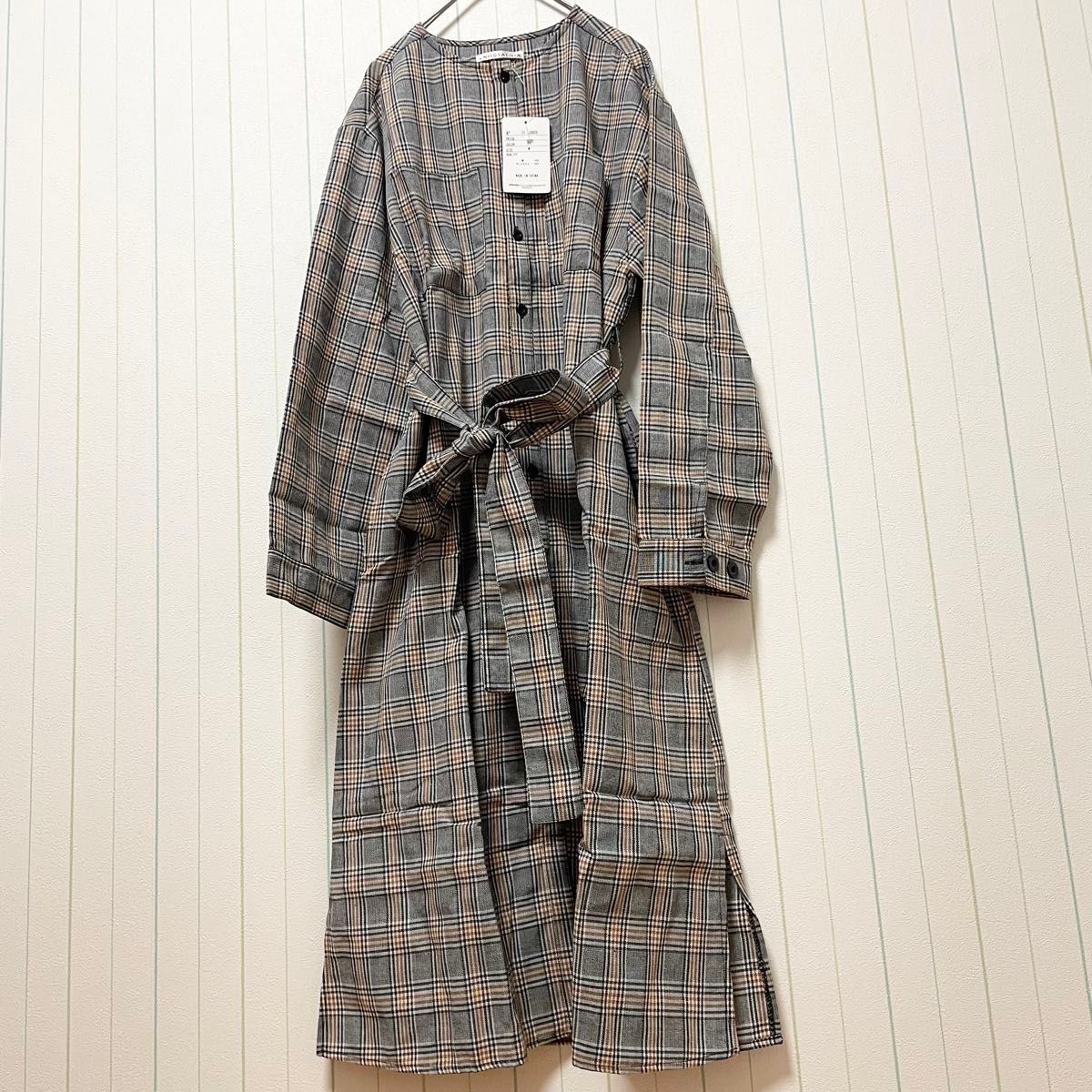 タグ付き & NOSTALGIA 長袖 チェックワンピース グレー系 M タグ付き & NOSTALGIA 長袖 チェックワンピース グレー系 M