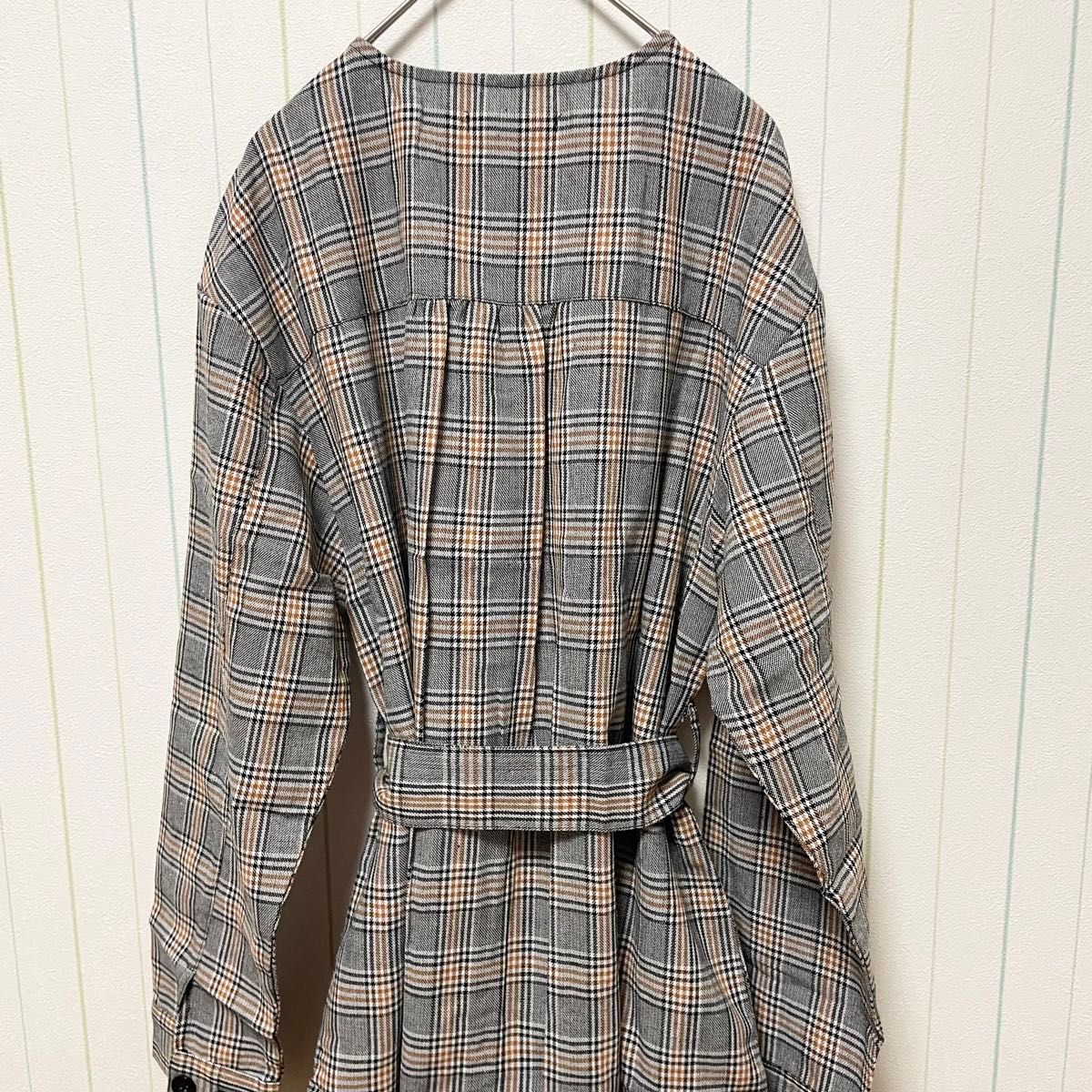 タグ付き & NOSTALGIA 長袖 チェックワンピース グレー系 M タグ付き & NOSTALGIA 長袖 チェックワンピース グレー系 M