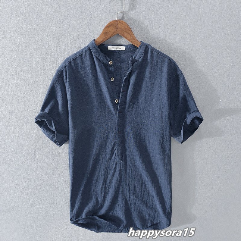 リネンシャツ メンズ カジュアルシャツ 半袖 プルオーバー ヘンリーネック 立ち襟 シンプル 夏服 トップス ネイビー 3XLの画像1