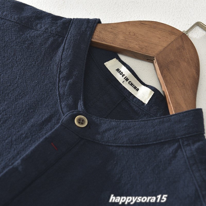 リネンシャツ メンズ カジュアルシャツ 半袖 プルオーバー ヘンリーネック 立ち襟 シンプル 夏服 トップス ネイビー 3XLの画像3