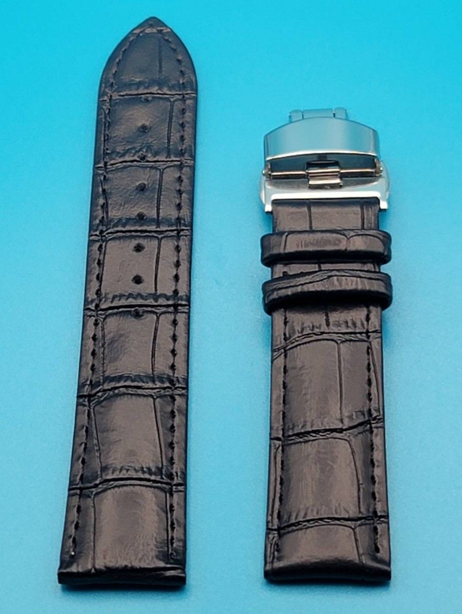 腕時計用品⑲【未使用】取付幅22㎜ クロコダイル調 レザーベルト黒色 ブラック 銀色 20㎜ バタフライバックル 本革防水加工