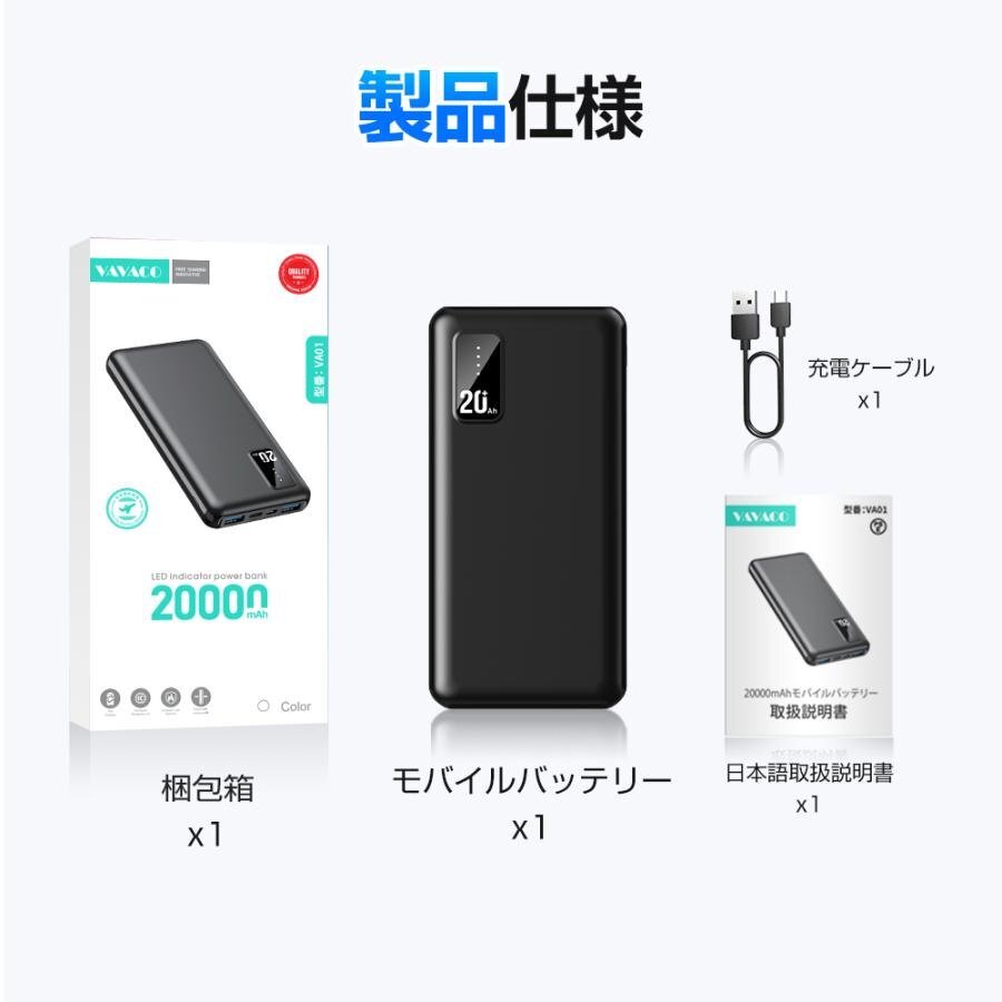 モバイルバッテリー 20000mAh 大容量 軽量 急速充電器 3台同時充電 薄型 PSE 5v/2a USB-A+Type-C入出力ポート iPhone Android_画像7