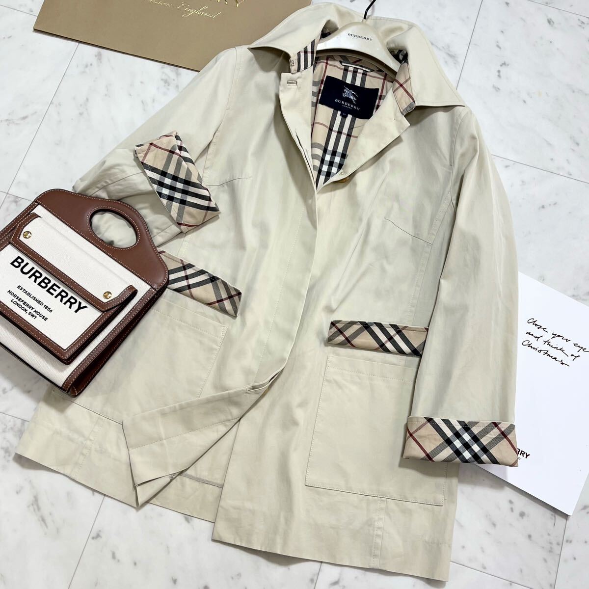 大きいサイズ 美品 バーバリー BURBERRY バーバリーロンドン ステンカラーコート トレンチコート スプリングコート ノバチェック 通勤 13号_画像1