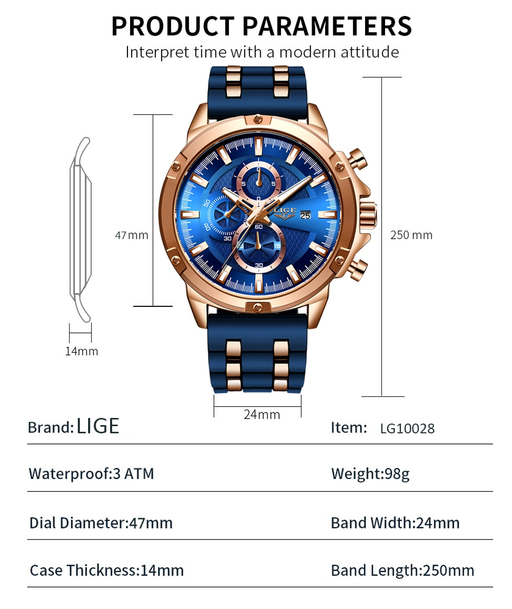 LIGE メンズ 腕時計 高品質 クオーツ カジュアル スポーツ ミリタリー ウォッチ 0028 クロノグラフ 防水 時計 ローズゴールド × ブラック_画像5