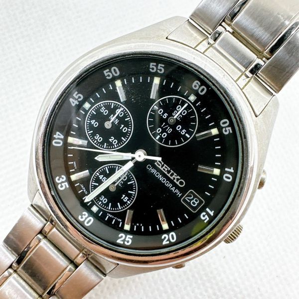 A2404-15-3 １円スタート クオーツ 稼働品 美品 SEIKO セイコー クロノグラフ メンズ腕時計 黒文字盤 シルバーの画像1