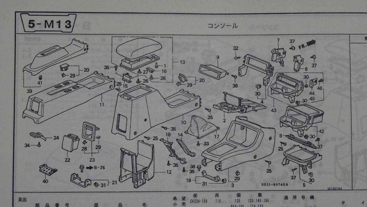 EK4、EK9 シビックタイプR　純正　コンソールボックス　アームレスト　肘掛け　グラファイトブラック_部品構成図（参考）