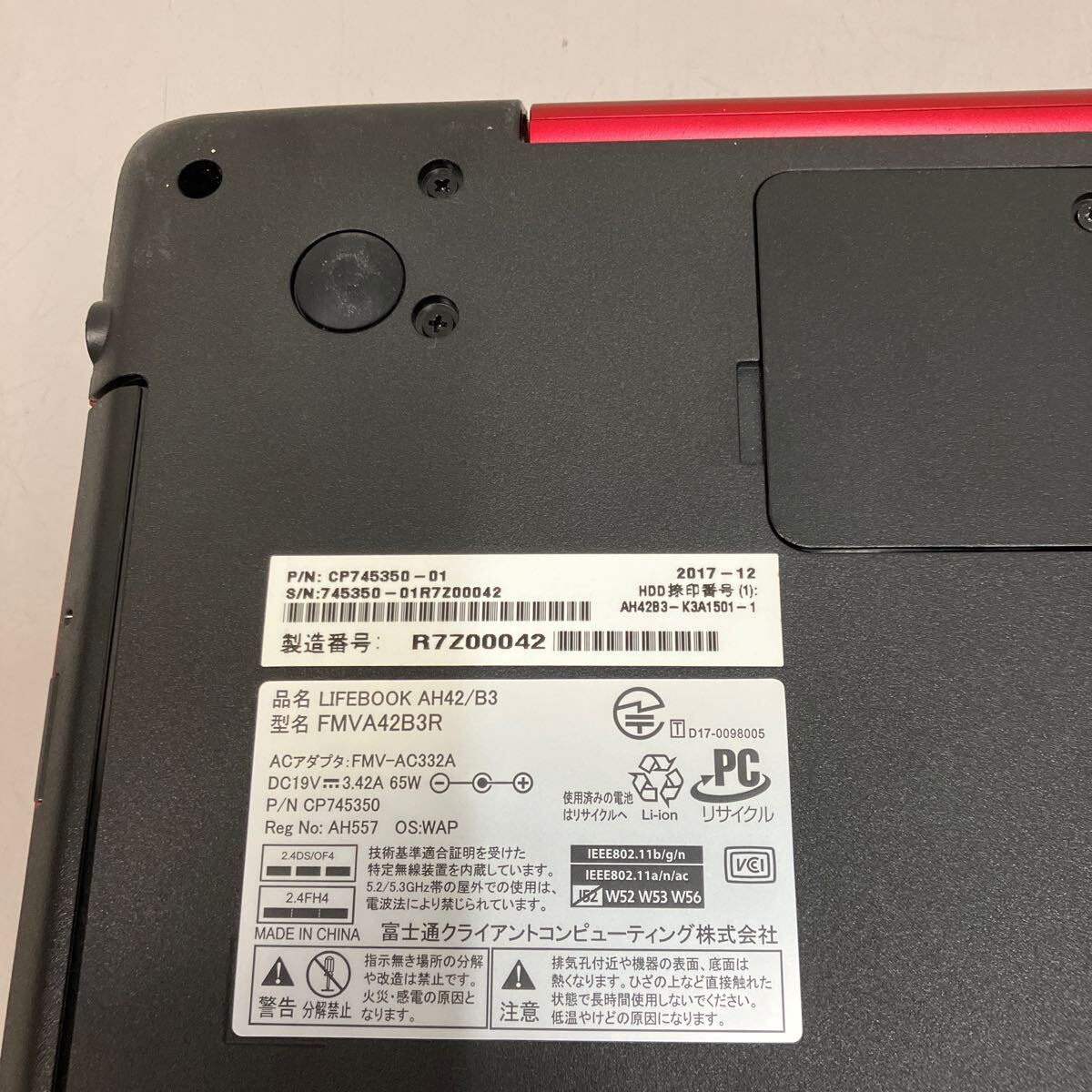 H194 富士通 LIFEBOOK AH42/B3 FMVA42B3R Celeron 3865U メモリ4GB ジャンクの画像6