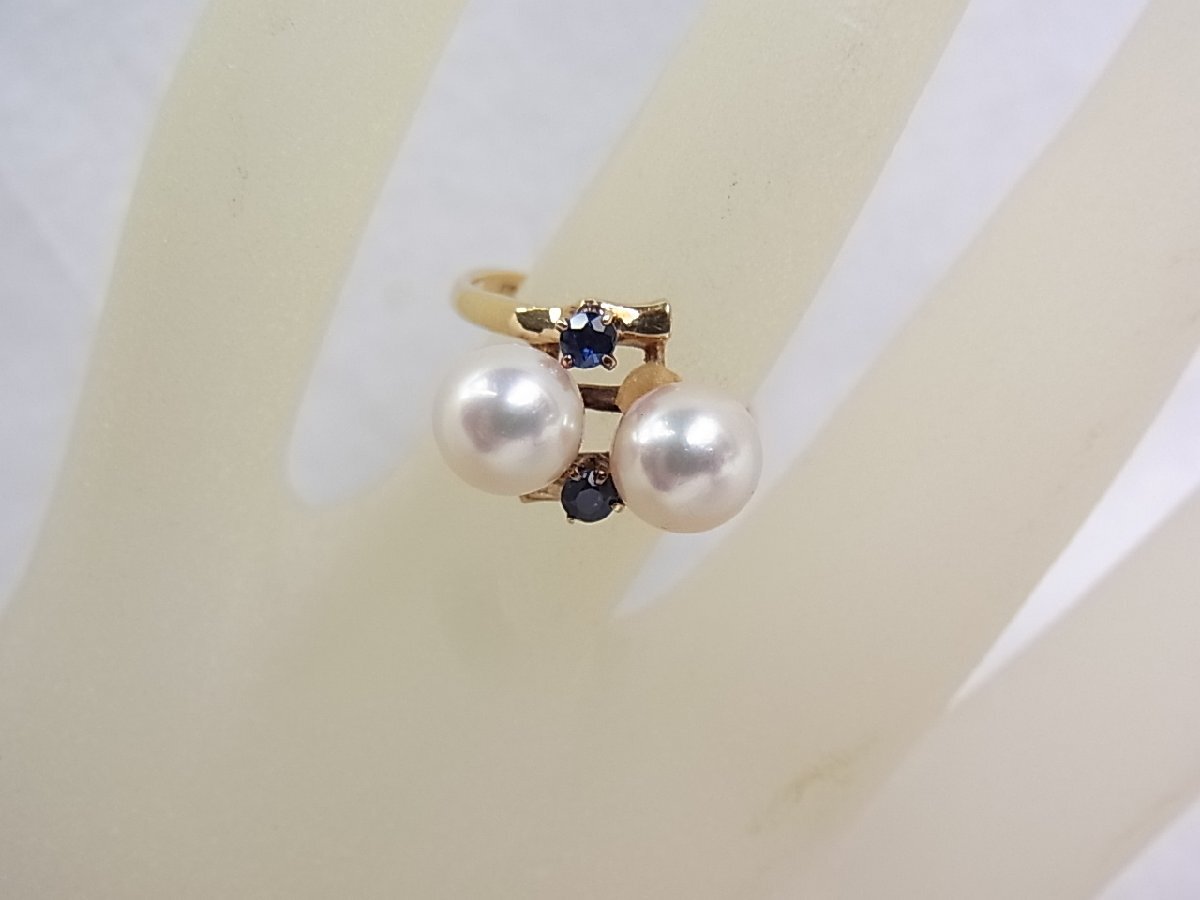 K18アコヤ真珠の最高品花玉ピンク系：6.8mm球脇石サフイヤ2石入：重量3.2㌘新品では御座いませんが綺麗な状態です：指輪サイズ11号美品です_指輪サイズ11号：総重量3.2㌘：サイズ11号