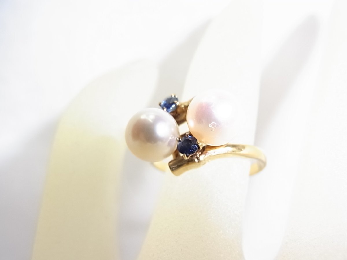 K18アコヤ真珠の最高品花玉ピンク系：6.8mm球脇石サフイヤ2石入：重量3.2㌘新品では御座いませんが綺麗な状態です：指輪サイズ11号美品です_新品では御座いませんが綺麗な状態です